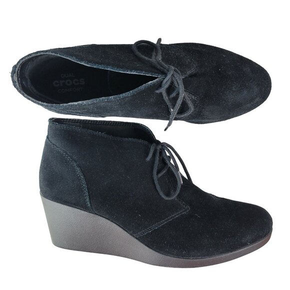 Crocs Womens Leigh Ankle Boots Black Size 10 Lace Up Booties Suede Wedge Comfort - Picture 1 of 11
